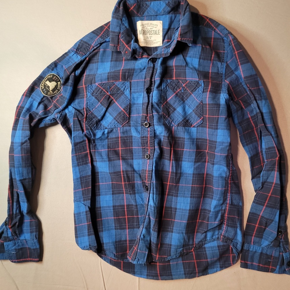 Aeropostale Mens Blue Plaid‎ Flannel Button Down Shirt Music Contest Patch Small